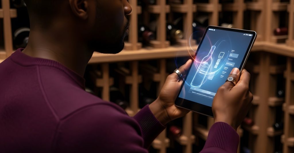 A Black homeowner stands in the middle of their wine cellar with a tablet that tracks wine inventory.